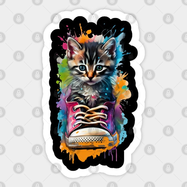 Cute Kitten In A Sneaker Watercolor Color Splash Design Sticker by TF Brands